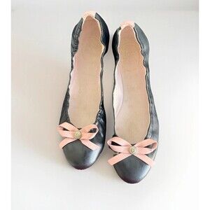 Jack Rogers Black Leather Ballet Flats Pink Bow 8 M US